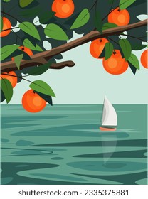 Vector illustration. Yacht, boat, orange branch, sea. Spain, travel poster. Design for poster, banner, packaging design.