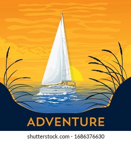 Vector illustration. Yacht boat, sea, water. Sunset, calm landscape. Ship, sunrise, ocean, beach. Sailing, adventure, travel around the world. Image retro, vintage poster, travel agency, advertising