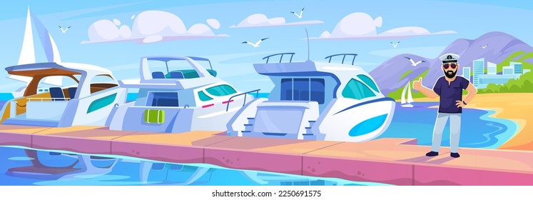 Vector illustration of a yacht club marina landscape. A captain on a pier in flat cartoon style. Sea travel and fishing background design. Beautiful coastal scene with ships in a sailing school.