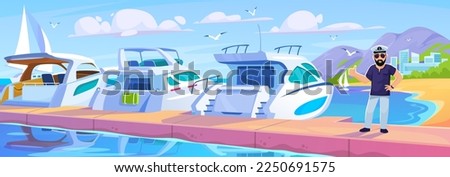 Vector illustration of a yacht club marina landscape. A captain on a pier in flat cartoon style. Sea travel and fishing background design. Beautiful coastal scene with ships in a sailing school.