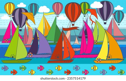 Vector illustration of yacht, sailboat, hot air balloon, kite, fish, sea, wave, sky, clouds. Colorful hand drawn isolated elements for background, template, card, presentation, holiday, website, cover