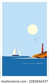 Vector illustration of a yacht or sailboat next to a lighthouse on the seashore against the backdrop of the sun in retro style.