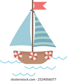 Vector illustration of a yacht sailing on the waves. Children's books. Vector children's illustration. Ready to print. Coloring pages, stickers, design for children