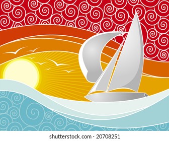 Vector illustration of a yacht sailing at sunset