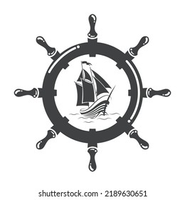 vector illustration of a yacht and ship's steering wheel. Ship logo with ship wheels.