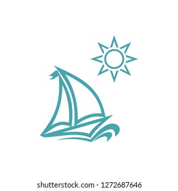 Vector illustration yacht and sun. Set of vector symbols. Rest and travel on the yacht to sunny day. Flat design