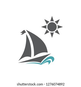 Vector illustration yacht and sun. Set of vector symbols. Rest and travel on the yacht to sunny day. Flat design