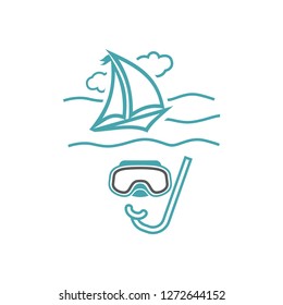 Vector illustration yacht, underwater mask and sea waves. Set of vector symbols. Diving and rest under a sail on the yacht at the sea. Flat design Monohrome