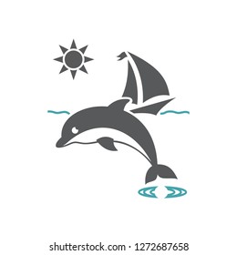 Vector illustration yacht, waves, sun and dolphin. Set of vector symbols. Pleasant sea tour in sunny day. Flat design Monohrome