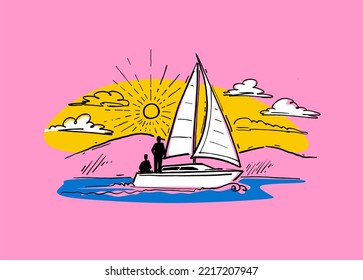 Vector illustration. Yachting on the river. Mountains at sunset