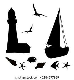 Vector illustration of yachts with soaring seagulls, lighthouse, shells, starfish and fish. Black silhouettes on a white background.