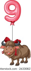Vector illustration of a yak tied to a pink balloon shaped as the number nine. Playful and colorful composition