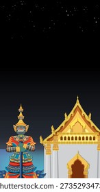 Vector illustration of a Yaksha guardian and golden temple under a starry night sky