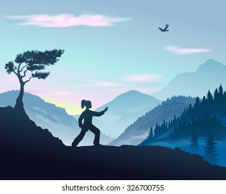 Imagen vectorial de una mujer de yang interpretando la forma maniática de tai chi del caballo salvaje en las montañas