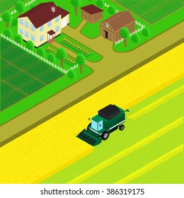 vector illustration. The yard of the farm, village road, combine harvest, the fields. Isometric