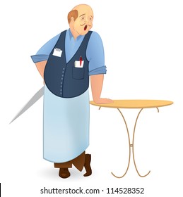 Vector illustration of a yawing bold cook with knife cartoon character isolated on white
