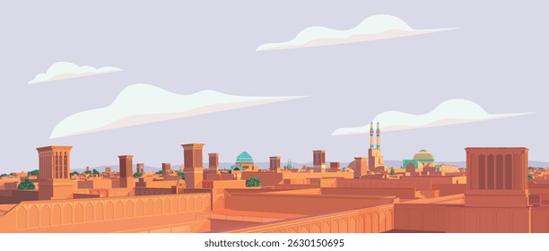 Ilustração vetorial da cidade de Yazd no Irã com windcatchers, cúpulas e minaretes. Arquitetura tradicional do deserto persa e horizonte sob um céu claro.