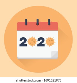 Vector Illustration. Year 2020 calendar with coronavirus. Global recession and crisis caused because of coronavirus pandemic. Covid-19 outbreak concept.