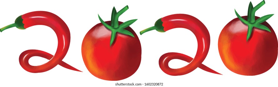 Vector illustration of year 2020 with tomato and chili