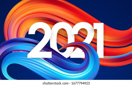 Vector illustration: Year 2021 number with colorful abstract twisted paint stroke shape. Trendy design