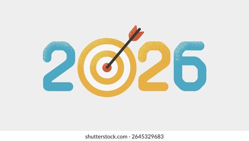 Ilustração vetorial do ano de 2026 com alvo e seta simbolizando a realização do objetivo e o sucesso empresarial