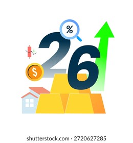 Ilustración vectorial del año 2026 con diversos instrumentos de inversión. Concepto de perspectivas de inversión, crecimiento financiero, diversificación de activos y planificación de la riqueza futura