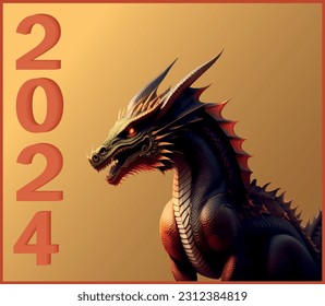 Vector illustration of the year of the dragon. Cartoon dragon and 3d figures depicting the year 2024