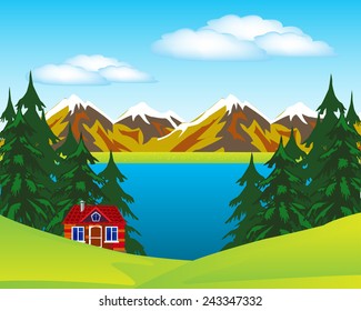 Vector illustration of the year landscape with house beside lake