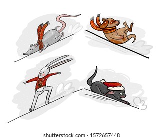 vector illustration of the year of the mouse and the rat, winter fun for children and animals, mouse, rabbit, dog and kitten ride with slides on snow and ice. The illustration is suitable for your gre