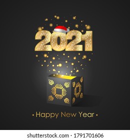 Vector illustration for year of the ox new years 2021, gold numeral with glitter snowflakes ornament on black background with dark gift box. Red Santa hat on number font.