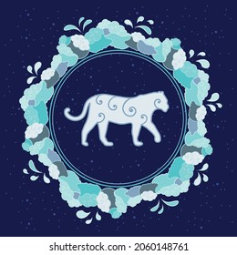 ilustración vectorial del año del tigre en colores azules y decoración de símbolos de agua para tarjetas de temporada navideña