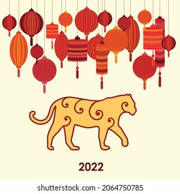 ilustración vectorial año del tigre con farolillos rojos asiáticos silueta animal con decoración 