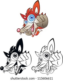 vector illustration of a yelling red fox in color, black white and line art mode.