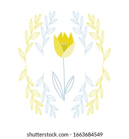 Vector illustration of a yellow abstract flower and yellow and blue leaves.Vector botanical print illustration for fabric,background for web pages,cards and other materials.