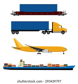 Vector illustration of yellow airplane, truck with container, cargo ship and ship container icon set. Maritime shipping. Logistic network. Air cargo.