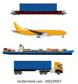 Vector illustration of yellow airplane, truck with container, cargo ship and ship container icon set. Maritime shipping. Logistic network. Air cargo.