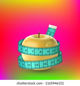 Vector illustration of yellow apple with blue measuring tape on vibrant gradient bckground as concept of diet. The tailor centimeter ribbon is wrapped around a fresh wet apple
