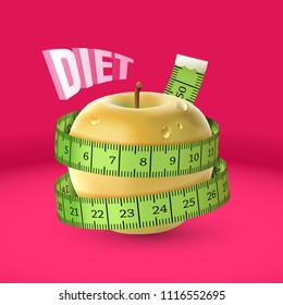 Vector illustration of yellow apple with green measuring tape as concept of diet. The tailor centimeter ribbon is wrapped around a fresh wet apple