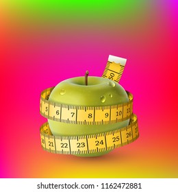 Vector illustration of yellow apple with green measuring tape on vibrant gradient bckground as concept of diet. The tailor centimeter ribbon is wrapped around a fresh wet apple