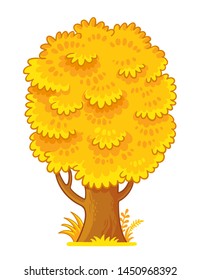 Vector illustration with yellow autumn tree on a white background. Picture in cartoon style.
