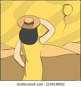 Vector illustration of yellow balloon and female tourist wearing hat in the desert