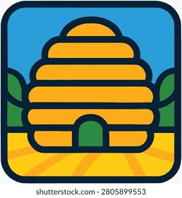 Vector illustration of a yellow beehive skep in a field under a clear blue sky. Professional flat graphic design with bold outlines and vibrant colors for nature and agriculture themes.