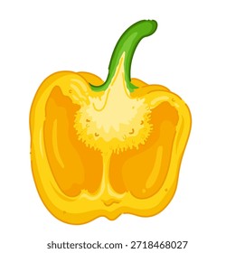 Ilustración vectorial de un pimiento amarillo cortado por la mitad, aislado sobre fondo blanco. Adecuado para el diseño de alimentos, temas de cocina e ilustración de recetas.