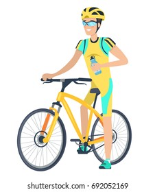Vector illustration of yellow bicycle and smiling sportsman dressed in cycling clothing including helm isolated icons on white.