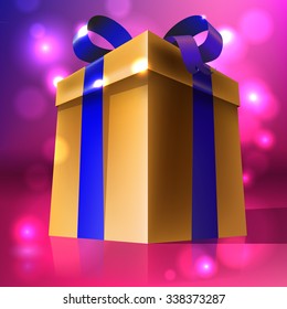 Vector illustration of a Yellow big gift box with a blue bow. Big present. Reflective surface.