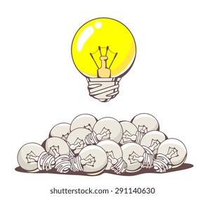 Vector illustration of yellow big light bulb above pile of small lightbulbs on white background. Hand draw line art design for web, site, advertising, banner, poster, board and print.  