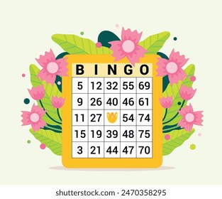 Vector illustration of a yellow bingo card, decorated with a bouquet of pink flowers and green leaves, a graphic element for the organization of a lottery game where gifts are won.