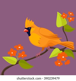 Vector illustration of the yellow bird sitting on the blooming tree branch with red flowers on the violet background.