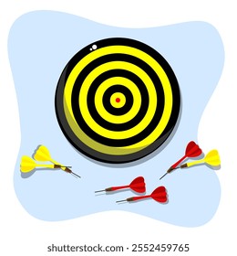 Vector illustration of a yellow and black dartboard with three red darts and three yellow darts scattered below, symbolizing precision and focus in a simple and striking design