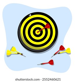 Vector illustration of a yellow and black dartboard with one red dart perfectly struck, two red darts, and three yellow darts lying below, representing a mix of success and attempts in vibrant design